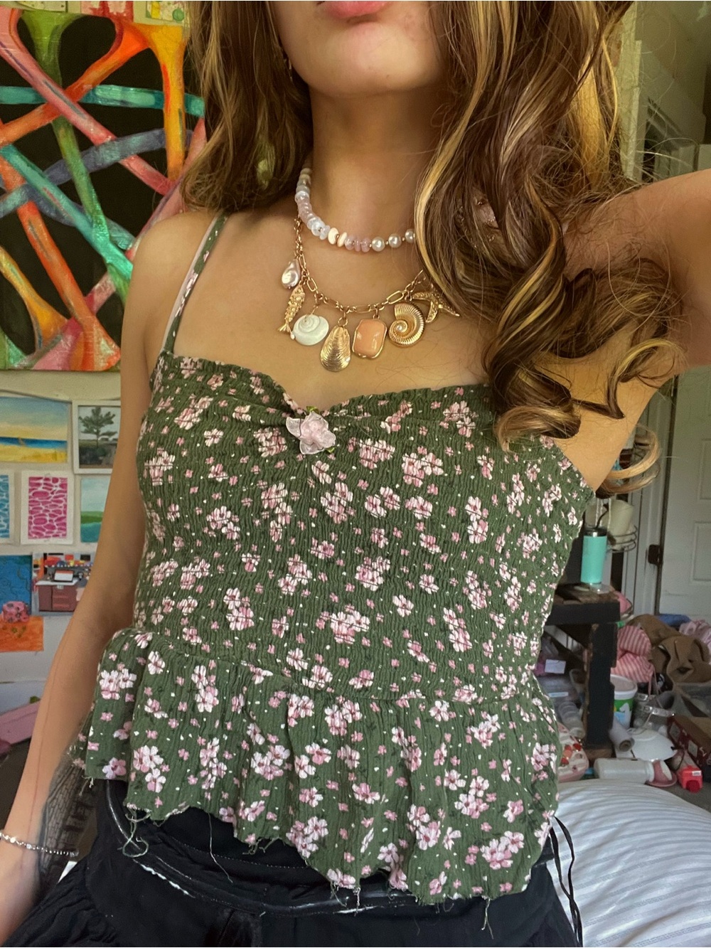 Aeropostale Olive Green Floral Smocked Cami with Pink Flowers